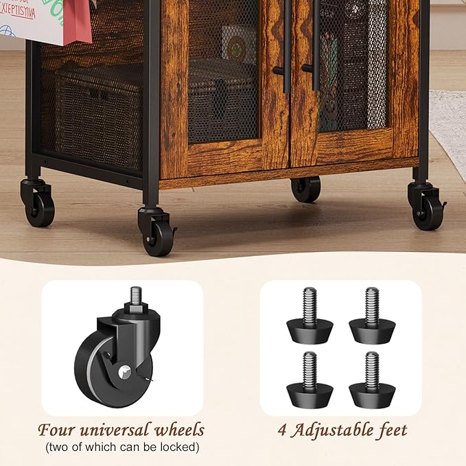 Small Coffee Bar Cabinet with Storage, 3-Tier Rolling Coffee Bar Table, Farmhouse Coffee Cart Station with 2 Doors for Living Room, Dining Room, Rustic Brown