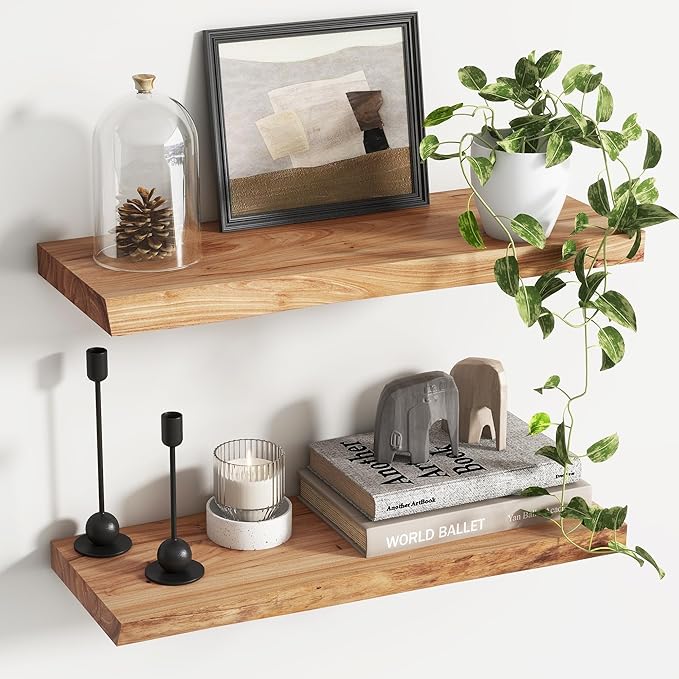 Reclaimed Elm Wood Floating Shelves for Wall, Live Edge 24"W x 9.2"D x 1.4"H, Set of 2 with Invisible Bracket, Wall Mounted Shelves for Living Room Bedroom Kitchen Bathroom Decor, Natural Finish