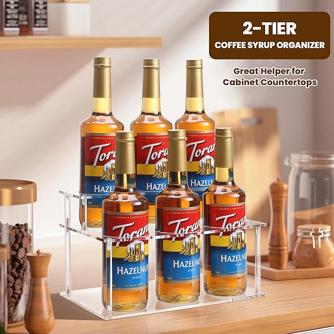 Baosia Acrylic Coffee Syrup Rack (6 Bottle Capacity),Syrup Bottle Holder Stand for Coffee Bar,Kitchen.Small Wine Rack for Bar,Family,Storage for Syrup,Wine,Condiments(Transparent)