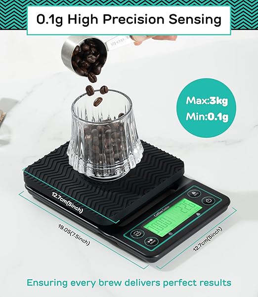 Coffee Gator Coffee Scale 0.1g Precision with Timer - 3kg Digital Scale ﻿Large LCD Weighing Kitchen Multifunctional for Pour Over, French Press, Espresso, Bean, Food, Drink