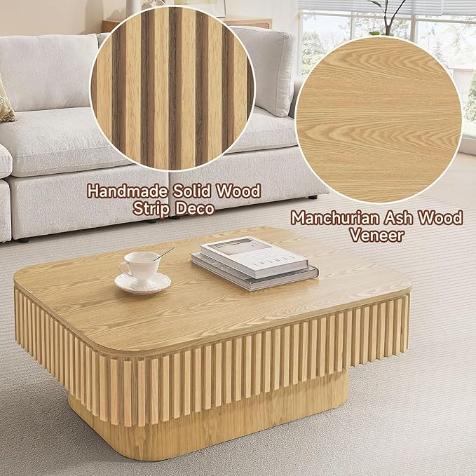SZTHHDF Lift Top Coffee Table for Living Room,Rectangle Handmade Solid Wood Strips, Fluted Coffee Table with Hidden Storage Compartment Small Space Office Apartment (38.6" L×26.8''W×13.8''H-Natural)