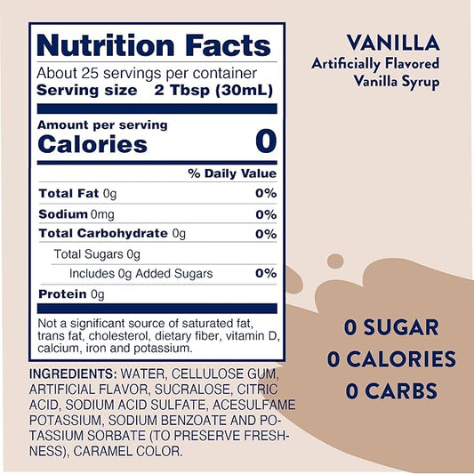 Jordan's Skinny Mixes Sugar Free Coffee Syrup, Vanilla Coffee Flavoring Syrup, Zero Calorie Drink Mix, Lattes, Baking, Protein Shake or Cocktail, Dairy & Gluten Free, Kosher, 25.4 Fl Oz