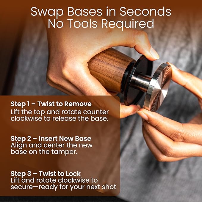 Calibrated Espresso Tamper with 30lb Click Feedback – 3 Interchangeable Bases for Custom Tamping (Convex, Grooved, Waffle) – Ergonomic Handle – Fits 54mm Breville-Compatible Portafilters