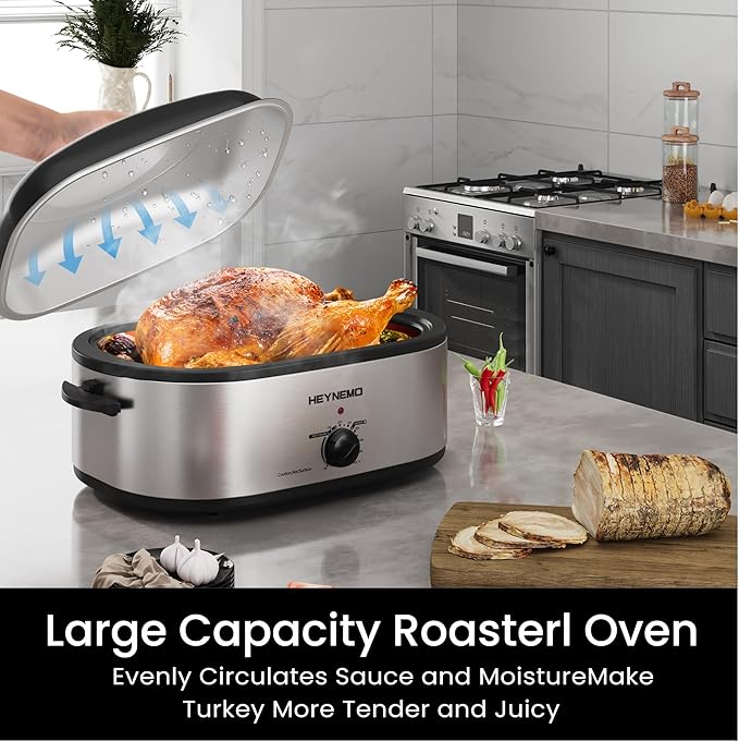 18 Quart Roaster Oven with Self-Basting Lid, Electric Turkey Roaster Oven with Defrost & Warm Function, Adjustable Temperature, Removable Pan Rack, Stainless Steel, Silver