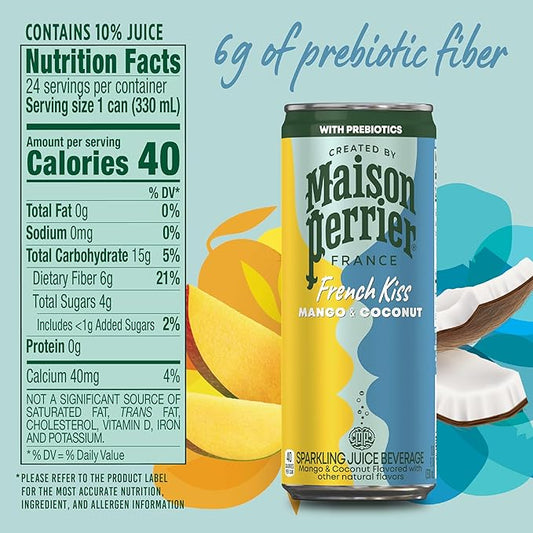 Maison Perrier French Kiss Sweetened Sparkling Juice Beverage, Mango & Coconut Flavors With Real Fruit Juices, 24Pk
