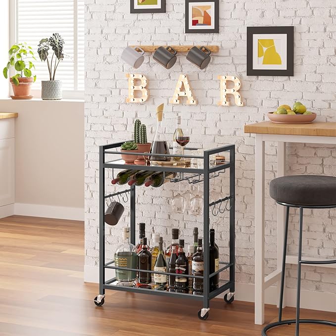 TUTOTAK Bar Cart, Serving Cart - for Home, Microwave Cart, Drink Cart, Mobile Kitchen Shelf with Wine Rack and Glass Holder, Rolling Beverage Cart, Black BC01BK031
