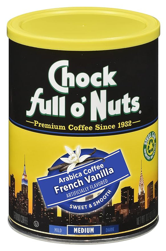 Chock Full o' Nuts French Vanilla Ground Coffee – Premium Beans in Recyclable Steel Can – Rich Flavor & Aroma, Medium Roast – Perfect for Drip, Pour-Over, Percolator – 10.2 Oz Can