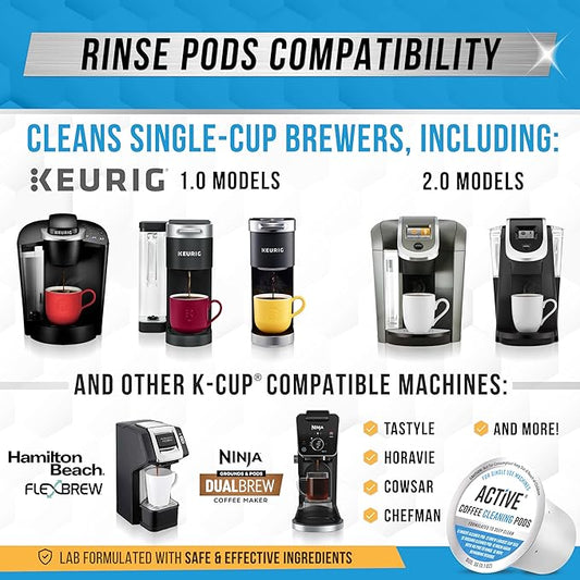 ACTIVE K-Cup Compatible Keurig Cleaning Pods - Quick-Rinse Cleaners for Single Serve Coffee Machine, 12 Month Coffee Maker Cleaner Kit, Brewer Clean Cups for Keurig 1.0, 2.0, Mini Machines - 12 Pack