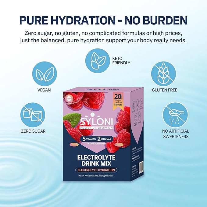 Electrolytes Powder Packets, Raspberry(0.36 oz*20 Sticks), Sugar Free Hydration Packets Electrolyte Drink Mix with 7 Vitamins and Electrolytes, Keto Friendly, Vegan, Gluten Free