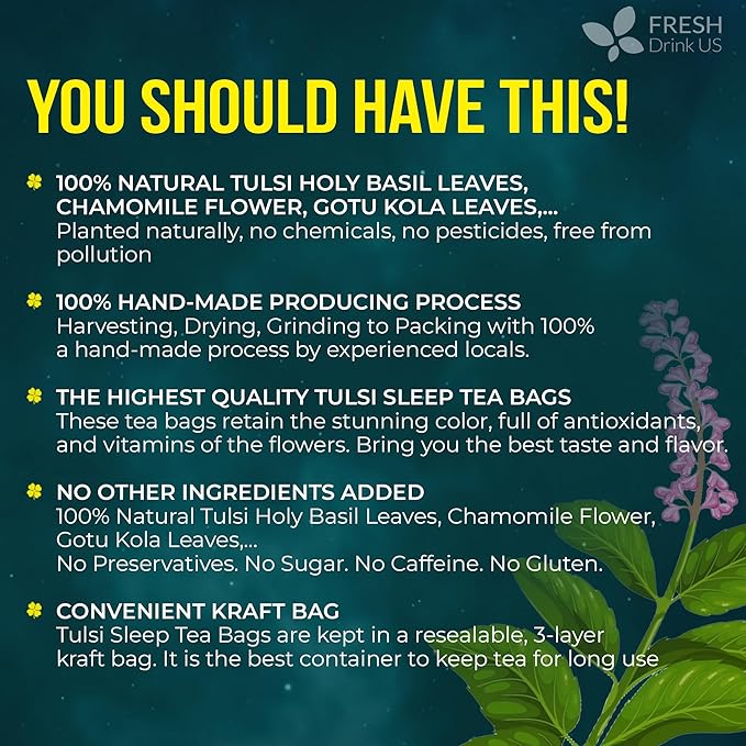 FreshDrinkUS, Tulsi Sleep Tea Bags | 75 Tea Bags | Herbal Blend with Tulsi Holy Basil, Chamomile, Gotu Kola, Ashwagandha & Peppermint | Naturally Caffeine-Free, Relaxing Evening Herbal Tea. Vegan