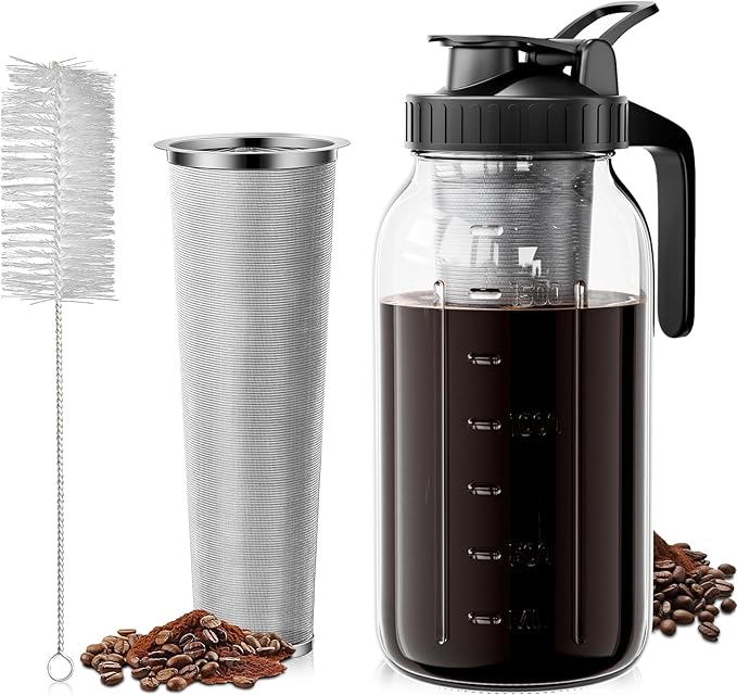 VA1KENE Cold Brew Coffee Maker 64oz, Iced Coffee Maker with 304 Stainless Steel Filter, Mason Jar Pitcher with Lid and Spout (Black)