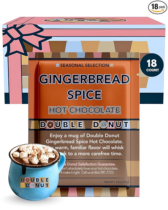 Double Donut Coffee Gingerbread Spice Hot Chocolate Mix Packets, Flavored Gingerbread Hot Cocoa Mix, 18 Count
