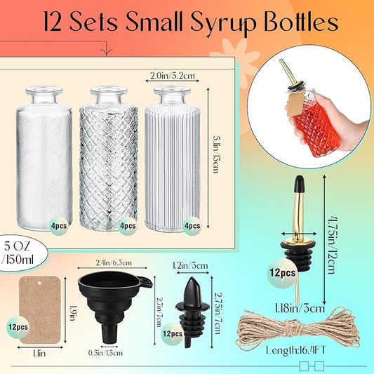 Baderke 12 Sets Coffee Syrup Dispenser Bottles Glass Syrup Dispenser Container with Pour Spout Dust Lids Labels Funnel Christmas Coffee Bar Accessories for Honey, Condiments, Olive Oil(Basic Style)