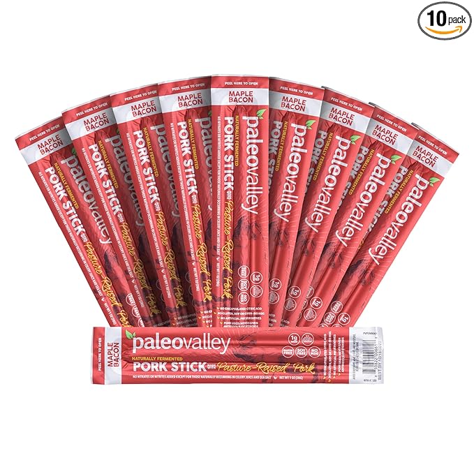 Paleovalley Pasture-Raised Pork Sticks - Maple Bacon Flavor Meat Sticks Individually Wrapped, 28g - 10 Sticks - Gluten-Free Protein Snack