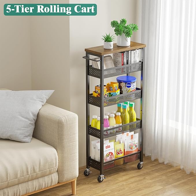 Giwil Slim Storage Cart 5 Tier Narrow Kitchen Rolling Cart on Wheels for Small Space, Metal Utility Cart Narrow Bathroom Storage Cabinet Mobile Shelf Unit Organizer with Wood Top and Handle, Black