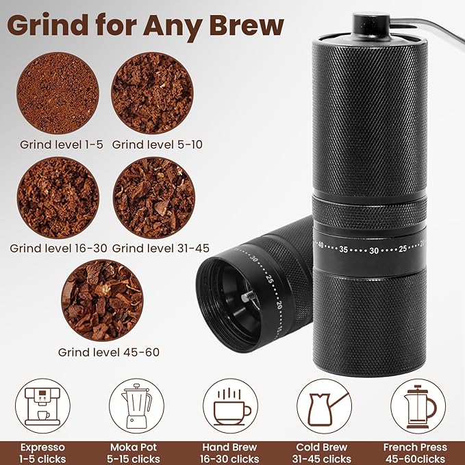 Manual Coffee Grinder with 60 Adjustable Settings, Portable Hand Coffee Bean Mill with 28g Capacity, Stainless Steel Conical Burr Coffee Bean Grinder for French Press, Pour Ove,Gifts for Coffee Lovers