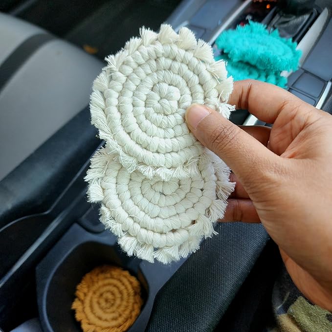 Cotton Car Coasters for Cup Holders, 2PC Car Cup Coasters, Drink Coaster Holder, Cute cupholder Coaster Accessories for Women, Macrame, Boho (Vanilla White)