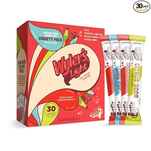 Wyler’s Light Singles To Go Water Drink Mix, Soda-Inspired Flavor Pack, 30 Sticks (Cola, Tropical Lime Pop, Spiced Cherry, Citrus Soda), Sugar Free, Low Calorie