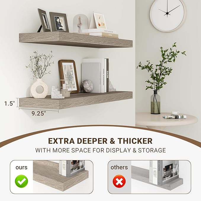 36 Inch Floating Shelves, 3D Textured Wood Grain, 36"x9.25"x1.5" Inch Deep Floating Shelves for Wall, Wooden Shelves for Bathroom, Bedroom, Living Room, Vintage Gray Oak, 2 Pieces