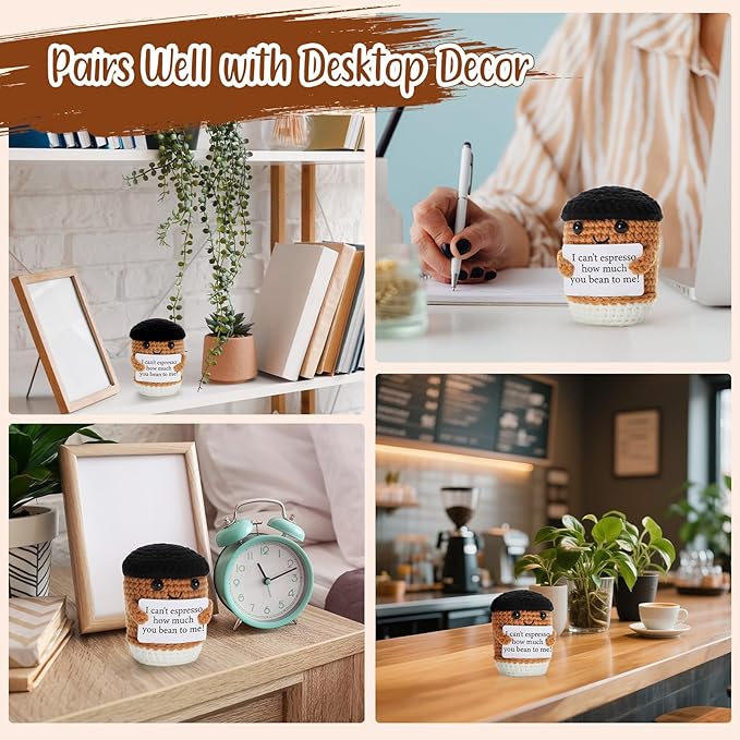 Mini Coffee Gifts for Women Men, Birthday Handmade Crochet Coffee Lovers I Love You Gifts for Bestie Boyfriend Girlfriend Friend, Office Desk Decor Inspirational Motivational Encouragement Gift