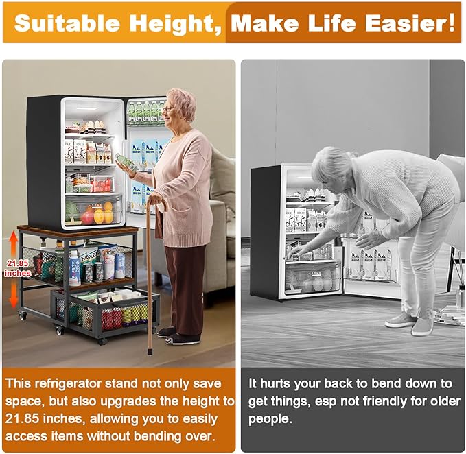 21x21in Mini Fridge Stand with Storage, Heavy Duty Mini Fridge Table with 4 Lockable Wheels for Coffee Bar 220LBS Compact Beverage Refrigerator Stand Cabinet Dorm Fridge Cart for Office Home (Brown)