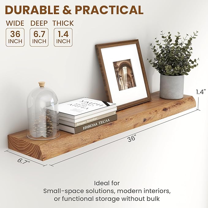 Live Edge Elm Wood Floating Shelves, 36 Inch Long Wall Shelves 2 Pack Shelf for Farmhouse Bedroom Bathroom Kitchen, Wall Mounted Wooden Shelf with Invisible Bracket for Books Decor, Natural