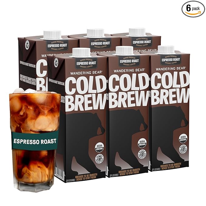 Wandering Bear Espresso Roast Organic Cold Brew Coffee - Extra Strong Bold, Smooth, No Sugar Added, Shelf-Stable, Ready to Drink, 100% Organic Iced Cold Brewed Coffee Drink - 32 fl oz, 6 pack