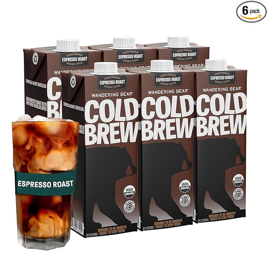 Wandering Bear Espresso Roast Organic Cold Brew Coffee - Extra Strong Bold, Smooth, No Sugar Added, Shelf-Stable, Ready to Drink, 100% Organic Iced Cold Brewed Coffee Drink - 32 fl oz, 6 pack