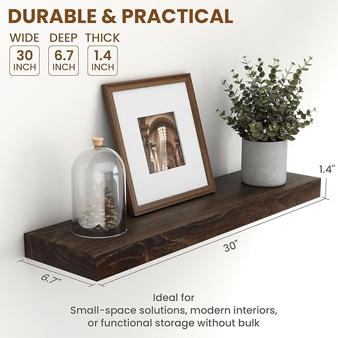 30 Inch Floating Shelves Set of 2, Rustic Solid Elm Wood Floating Shelf for Farmhouse, Living Room, Bedroom, Wall Mounted Bathroom Shelves Heavy-Duty Wall Shelf with Invisible Bracket, Walnut