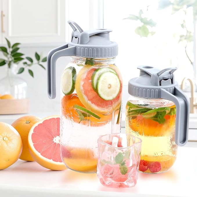 Mason Jar Pitcher Wide Mouth 2 Pack 32 OZ Glass Jars With Pour Spout Lids Airtight Leak-proof 1 Quart Water Pitcher With Handle For Iced Tea, Milk, Sun Tea, Lemonade, Iced Coffee