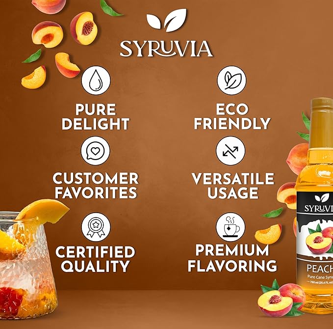 Syruvia Peach Syrup, Flavored Syrup for Drinks, Cocktails, Lemonades, Iced Teas, and Desserts – 25.4 fl oz