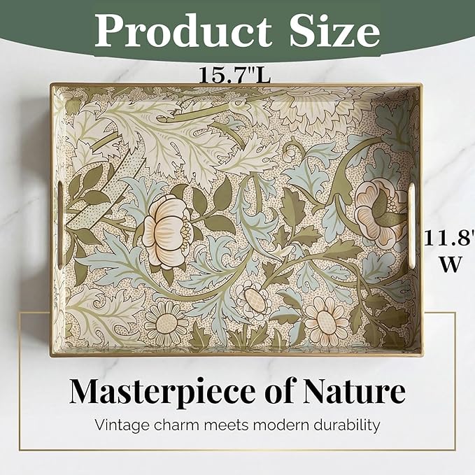Zosenley William Morris-Style Serving Tray with Handles - 15.7" x 11.8" Floral Pattern Decorative Platter for Coffee Table, Ottoman & Breakfast in Bed - Sturdy Plastic Rectangular Tray