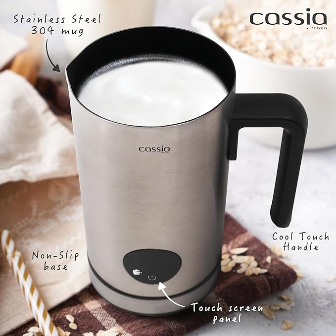 Cassia Electric Milk Frother with 5-in-1 Functions – Hot & Cold Foam, Chocolate & Milk Warmer – 550W, Digital Touch Screen Control, 160ML Frothing & 300ML Heating Capacity, Stainless Steel