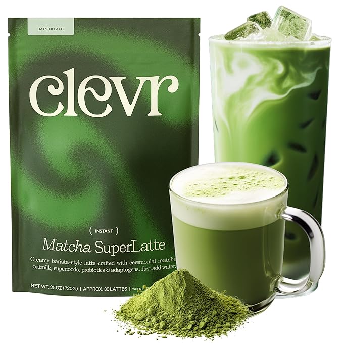 Clevr Organic Matcha Green Tea Latte, Instant Ceremonial Grade, Superfood Powder Blend with Oat Milk, Lions Mane, Reishi Mushroom, Coconut Cream, Ashwagandha, Serve Hot or Iced, (30 Lattes)