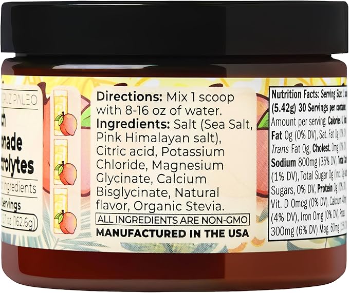 Santa Cruz Paleo Electrolyte Powder, Peach Lemonade Flavor, Sugar Free Hydration Drink Mix with Himalayan Pink Salt, Sea Salt, Magnesium Glycinate, Potassium Chloride, Sweetened with Stevia, 30 Srvgs