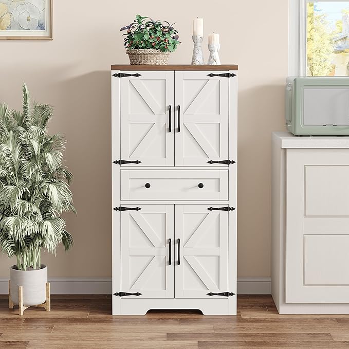 47" Tall Kitchen Pantry Storage Cabinet with Barn Doors and Shelves, White Farmhouse Linen Storage Cabinet With Drawers, Free standing Food Pantry Cabinets for Kitchen, Dining Room, Living Room