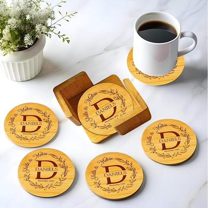Silveroy Custom Coaster Set of 6 with Holder - Personalized Bamboo Bar Coasters for Anniversary, Wedding, Ideas to Couples, Newlyweds