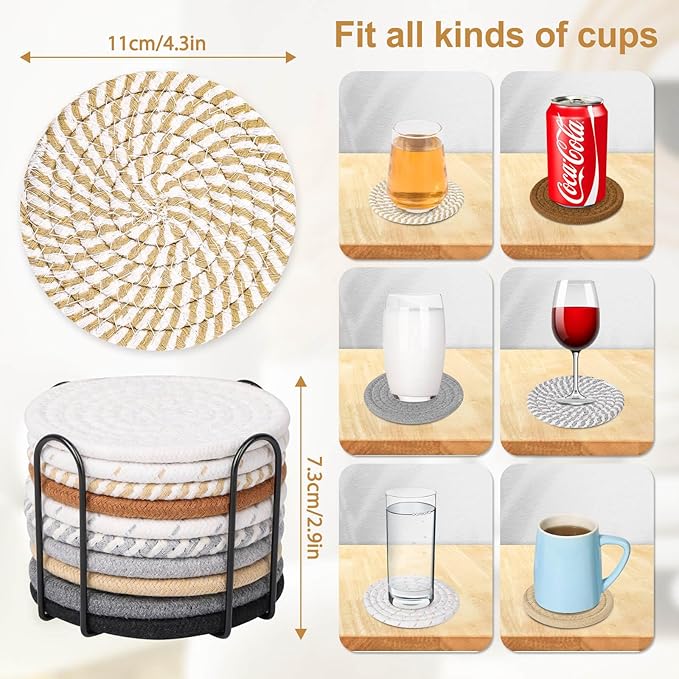 Billbotk 10 Pieces Coasters for Drinks, 10 Colors Absorbent Drink Coasters with Holder, Table Coaster Set for Home Decor, Apartment Decor Aesthetic, Living Room Essentials, 4.3 Inches