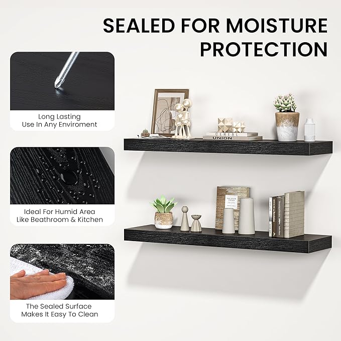 Floating Shelves for Wall, 72"W x 9.3"D x 1.5"H, Long Wooden Wall Mounted Display Shelves with Invisible Brackets for Living Room, Bedroom, Bathroom, Kitchen Decor and Storage, Set of 1, Black