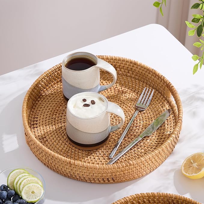 Round Rattan Serving Tray,Hand-Woven Tray with Handles, Ottoman Decorative Coffee Table Tray,Wicker Storage Basket for Tea,Fruit,Bread (Natural, 11.8")