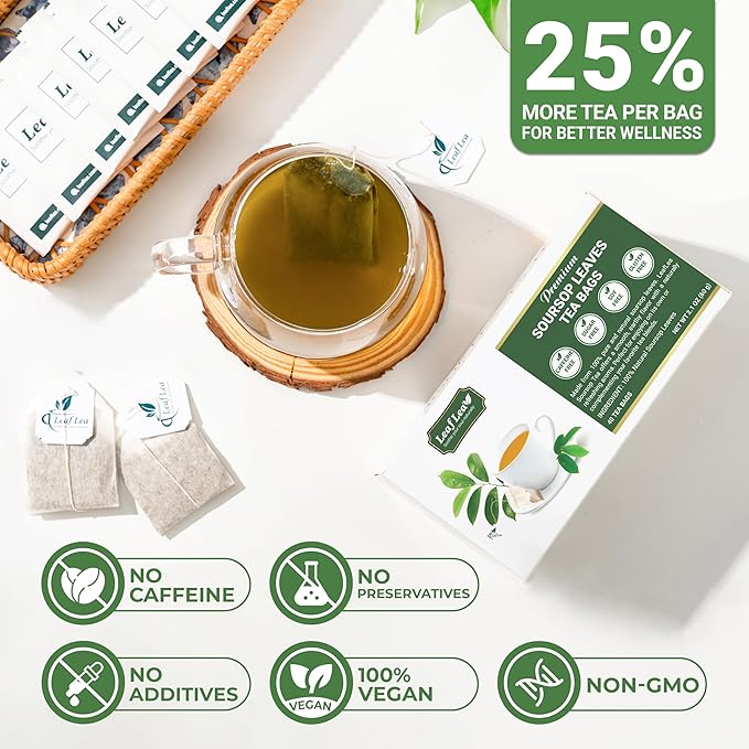 LeafLea 160 Premium Soursop Tea Bags, Natural & Pure Sour sop Graviola Tea Leave, Hoja Guanabana Leaf Herbal Tea Bags Variety Pack of 4, Digestive Support, Nutrient-Rich, Vegan, Sugar/Caffeine Free