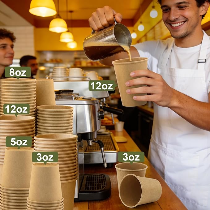 12 oz 100 Pack Disposable Coffee Cups, Bulk Brown Disposable Paper Cups, Coffee Cups for Hot Tea, Chocolate and Cold Drinks