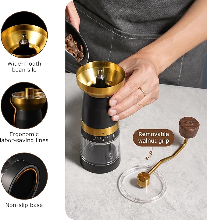 VEVOK CHEF Manual Coffee Grinder 10 External Adjustment Fashion Bean Grinder Stainless Steel Double Bearing Conical Burr Portable Hand Coffee Mill for Home,Camping,Gold