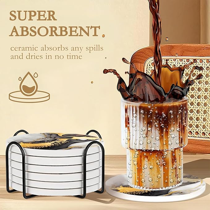 Black Gold Marble Ceramic Coaster Set of 6, Water-Absorbent Beverage Pads for Dining Table Decor & Glass Protection