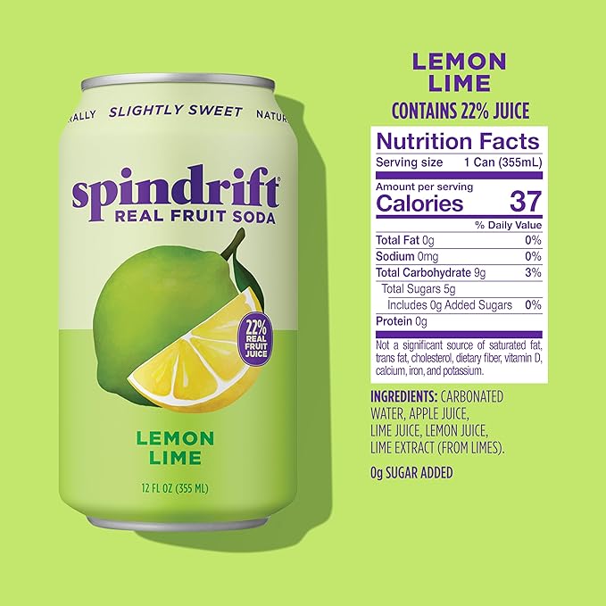 Spindrift "Lemon Lime" Soda, Made with Real Squeezed Fruit, Pack of 12