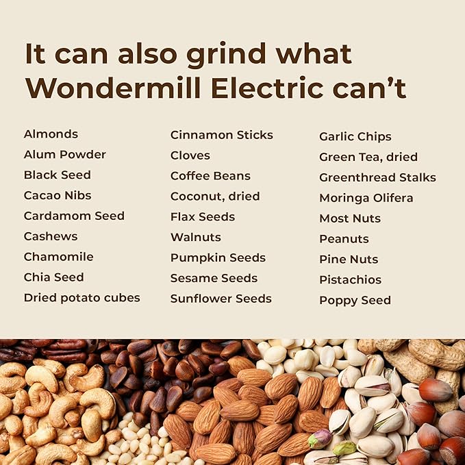 WONDERMILL Junior Deluxe Grain Mill for Flour, Hand Crank Wheat Mill for Grains, Nuts, Seeds, Oily Foods & Spices, Grain Grinder with Stone and Stainless Steel Burrs (Red)