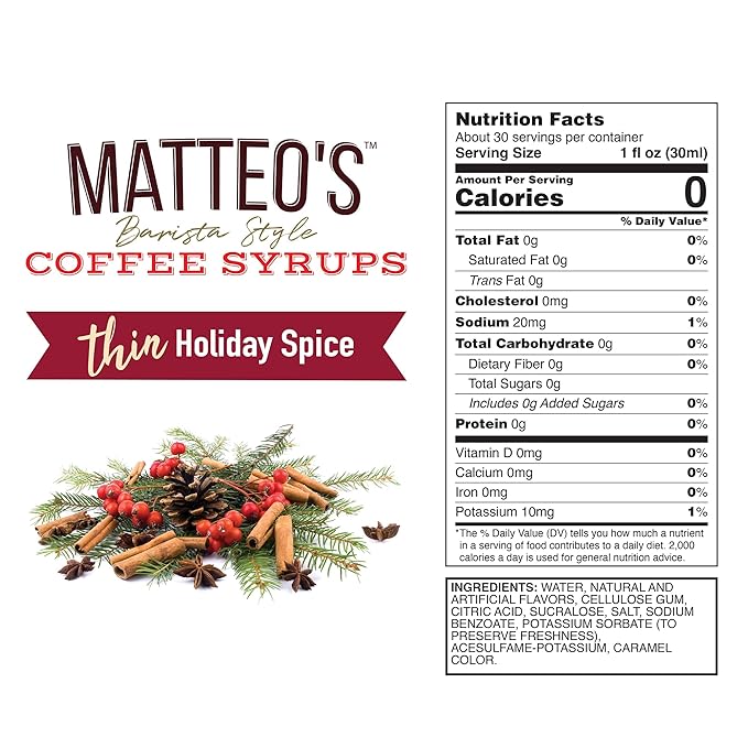 Matteo's Holiday Spice Syrup for Coffee, Lattes, Cappuccinos & Desserts – Sugar-Free Sweetener for Beverages, Keto Friendly, Zero Calories, Indulgent Flavor, Non-Alcoholic, 33.8oz (1pk)
