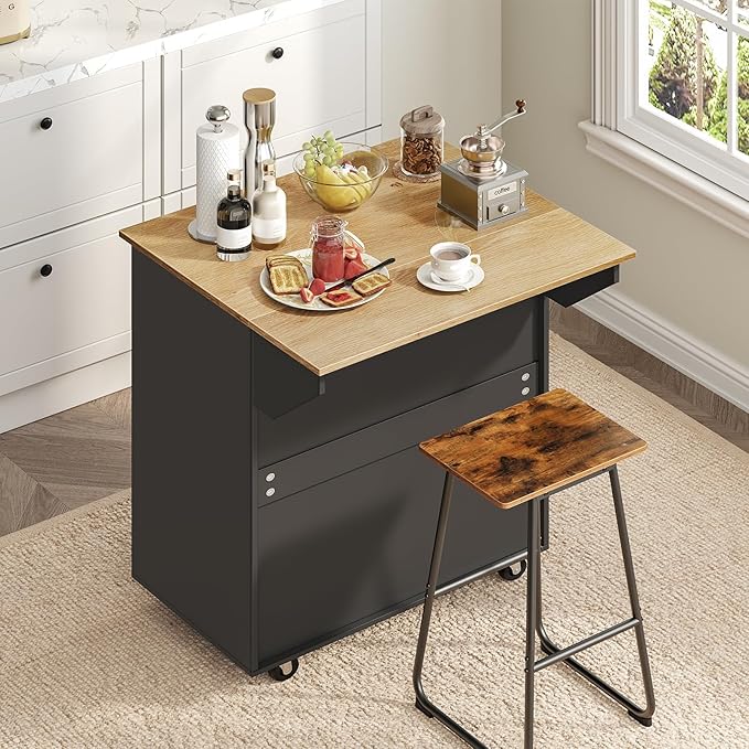 Kitchen Island on Wheels with Drop Leaf, Folding Countertop Kitchen Island Cart, Kitchen Islands Table with Towel Rack, Drawer, for Kitchen, Dining Room, Black and Natural KINB12501