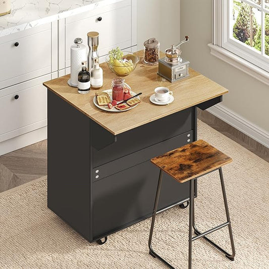 Kitchen Island on Wheels with Drop Leaf, Folding Countertop Kitchen Island Cart, Kitchen Islands Table with Towel Rack, Drawer, for Kitchen, Dining Room, Black and Natural KINB12501