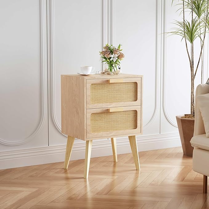 Small Rattan Nightstand,Boho Bedside with Storage,End Table,Side Table with 2 Hand Made Rattan Decorated Drawers for Small Space,Livingroom,Bedroom,Natural 11.8" D x 16" W x 22.4" H CTG59Y